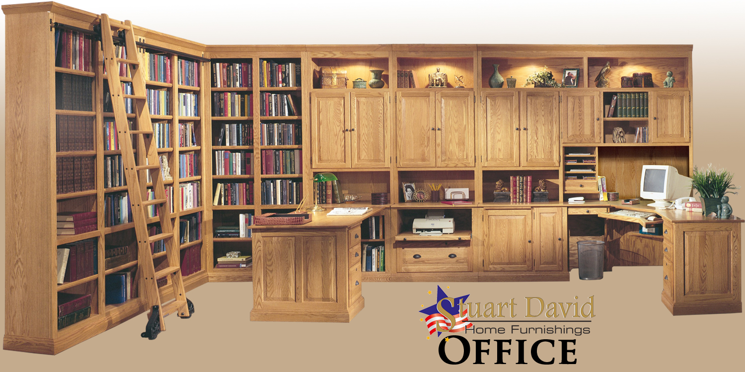 Stuart David Custom Oak Office Work Station Desk and Library Bookcases with Rolling Ladder
