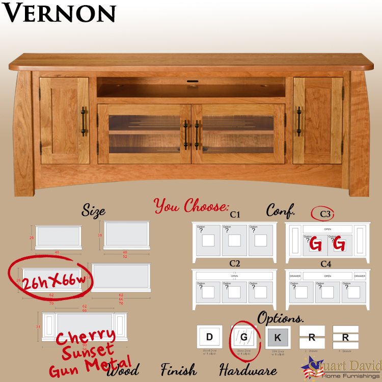 Vernon Media Stand shown in Cherry hardwood